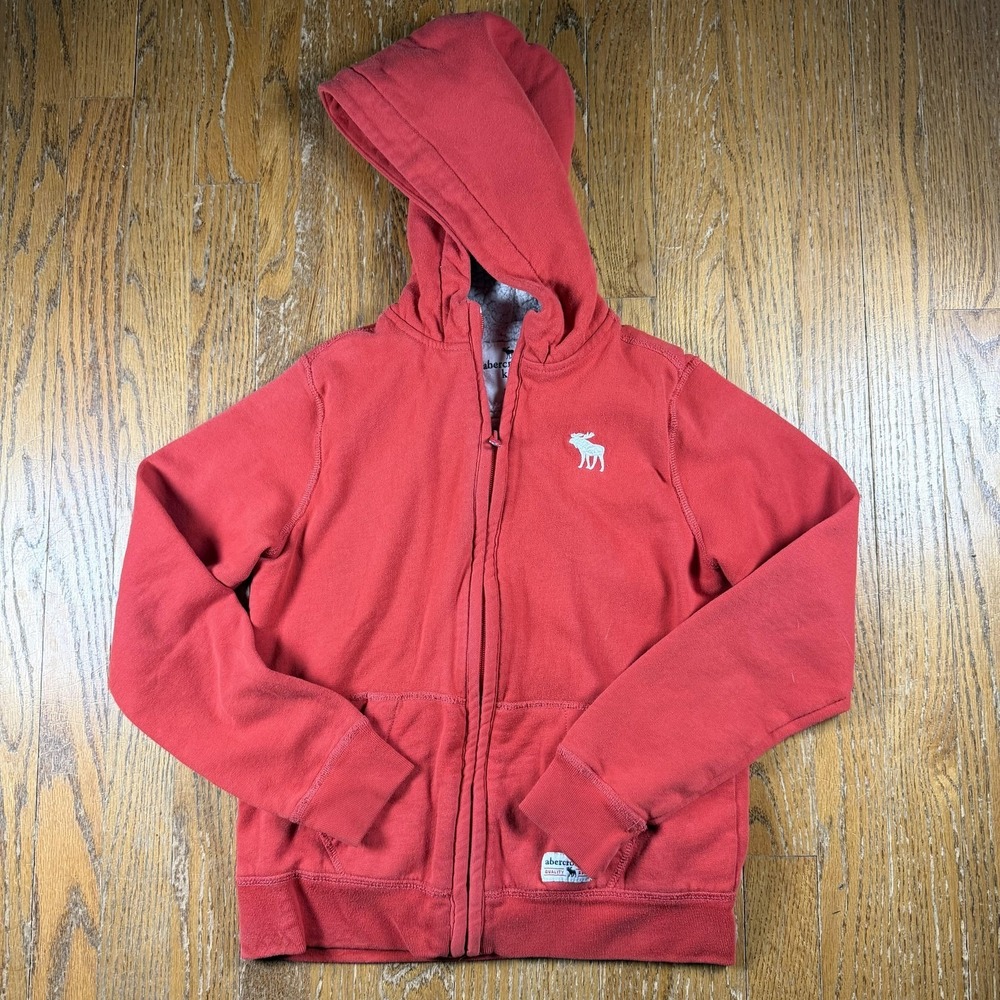 Abercrombie Kids Hoodie 11/12 Red Sherpa Lined Full‎ Zip Fleece Sweatshirt Logo